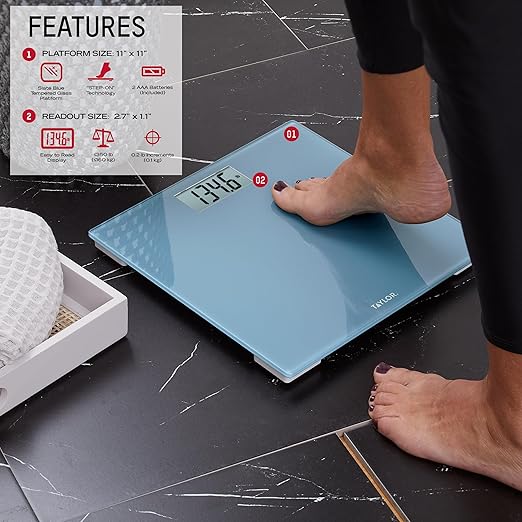 Taylor Digital Glass Bathroom Scale for Body Weight, Accurate High Precision and Durable Platform, Digital Weighing Machine for People, Easy-to-Read Display, 350 lb Capacity, Slate Blue