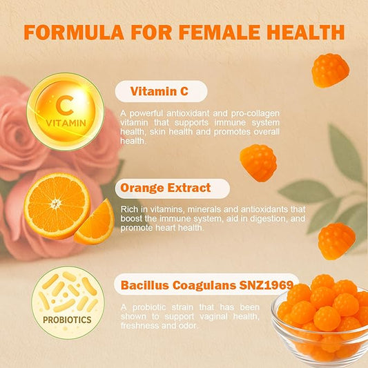 Premium Feminine Balance Gummies – Probiotic for Women’s pH Balance & Odor Control Suppert Vaginal Health,Natural Orange Flavor Vegan, Gluten-Free, 60 Count