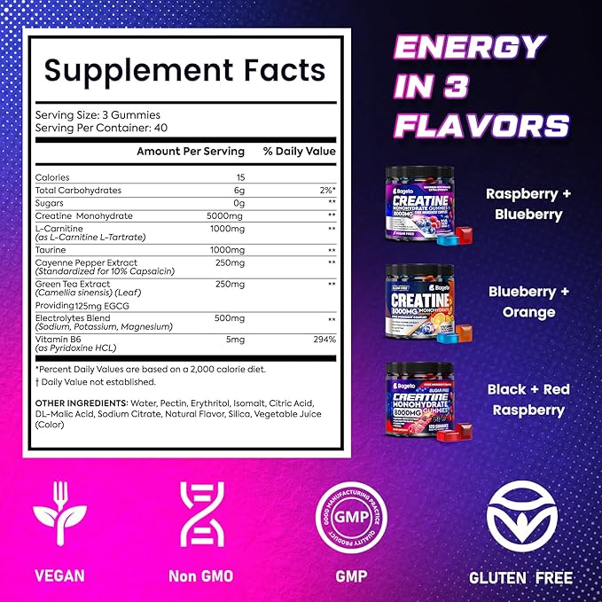 Creatine Monohydrate Gummies Complex 8000mg for Men and Women, Flavored and Chewable Creatine with Taurine, L-Carnitine, Electrolyte for Muscle Growth, Strength & Energy, Pre Workout Gummies 120pcs