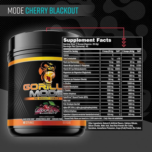 Gorilla Mind Pre Workout - Massive Pumps Laser Focus Energy Power - L-Citrulline, Creatine, L-Tyrosine, Betaine, Hydroprime, Alpha-GPC, 400mg Caffeine, Huperzine A - 812g (Cherry)
