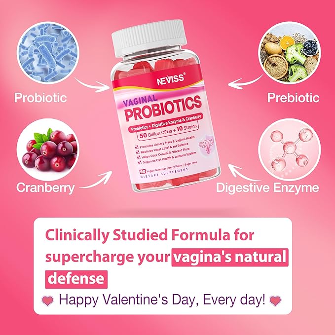 Vaginal Probiotics Gummies for Women PH Balance, Odor Control with Prebiotics, Cranberry, D-Mannose, Promotes Feminine Healthy Vaginal Flora, Urinary Tract, Yeast, Digestive Support, Sugar Free,60Cts