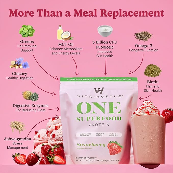 VitaHustle ONE Meal Replacement Shake - Plant Based Protein Powder by Kevin Hart - Vegan, Meal Replacement Powder with Superfoods, Vitamins, Adaptogens & Probiotics - Strawberry Flavor, 30 Servings