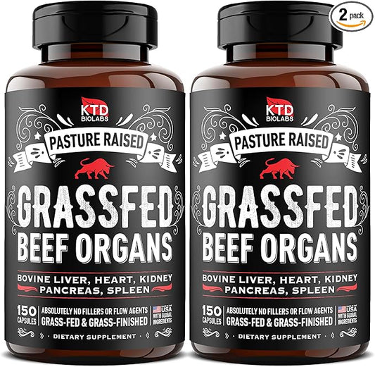 (Pack of 2) Grass Fed Beef Organ Supplement - Supports Whole Body Wellness 3000mg - with Desiccated Beef Liver, Heart, Kidney, Pancreas, Spleen - Organ Complex for Immune, Digestive Health (150 Caps)