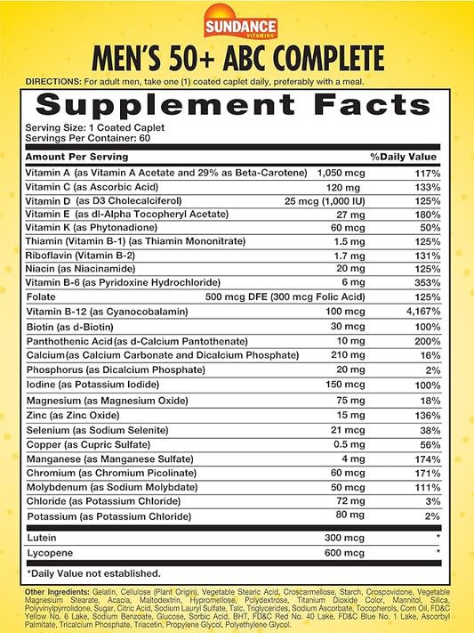 Sundance Men's 50+ ABC Complete Multivitamin | 60 Caplets | with Multimineral Formula | Non-GMO and Gluten Free Supplement
