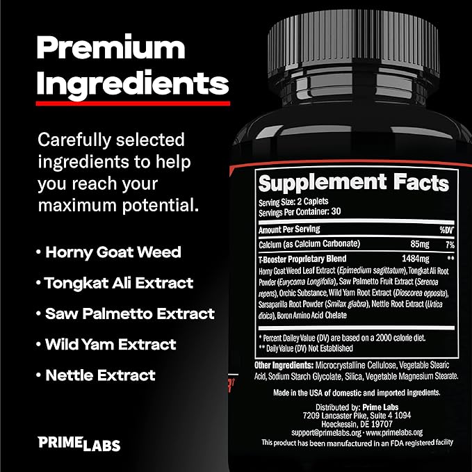Prime Labs Testosterone Supplement for Men (2-Pack) - Stamina, Endurance, Energy, & Strength - Men's Testosterone Booster & Workout Supplement - 120 Caplets