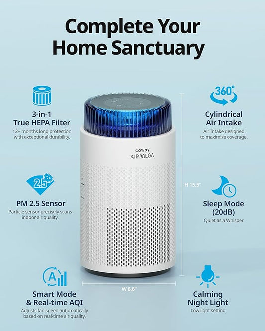COWAY Air Purifiers for Bedroom Home up to 810 ft², True HEPA Filter for Smoke, Allergies, Pet Dander, Odor, AQI Monitor, Auto&Sleep Mode, Timer, Filter Indicator, Night Light, 3yr Warranty, 100 White