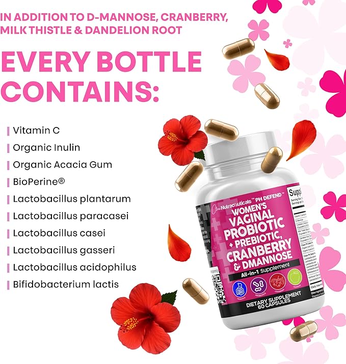 Clean Nutraceuticals Vaginal Probiotics for Women + Prebiotics 20 Billion Cranberry Pills w D-Mannose 500 mg for Urinary Tract Health pH Balance - for Vaginal Health Supplements Pills - 2Pack