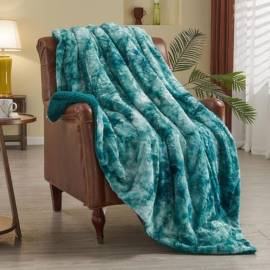 NEWCOSPLAY Super Soft Faux Fur Throw Blanket for Couch Tie-dye Light Teal Sherpa Fuzzy Plush Warm Blanket for Sofa Bed (Tie-dye Light Teal, Throw(50"x60"))