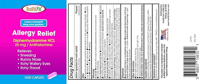 HEALTH LFE Allergy Relief, Medicine Diphenhydramine HCl Caplets, 25 mg | Children and Adults | Relieves Sneezing, Runny Nose, Hay Fever Symptoms, Itchy Eyes and Throat (Large,1000 Count)