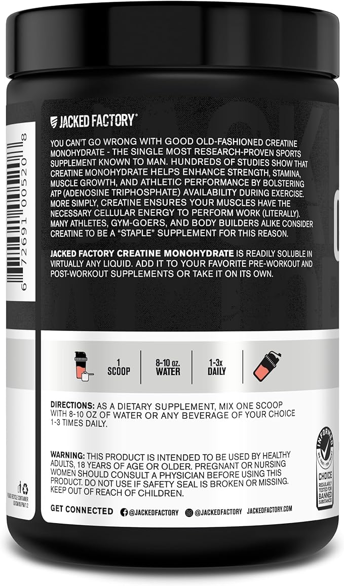 Jacked Factory Flavored Creatine Monohydrate Powder 425g - Creatine Supplement for Muscle Growth, Increased Strength, Enhanced Energy, & Improved Athletic Performance - 85 Servings, Peach Mango
