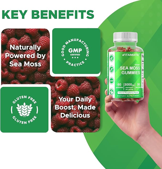 Vitamatic Irish Sea Moss Gummies – 3000mg Equivalent Per Serving (from Extract 132.5mg) – 60 Ct Made with Bladderwrack & Burdock Root – Seamoss Supplement for Thyroid, Energy & Immune Support