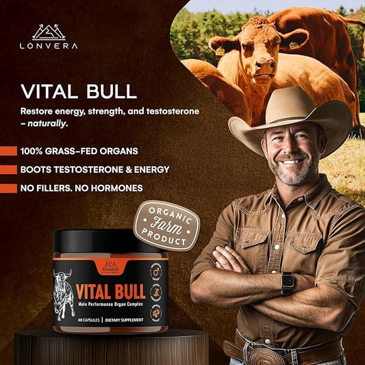 Vital Bull Beef Organ Supplement for Men with Grass Fed Liver, Testicle, Prostate & Bone Marrow – Freeze Dried Beef Organ Capsules for Nutrient Support – 60 Count