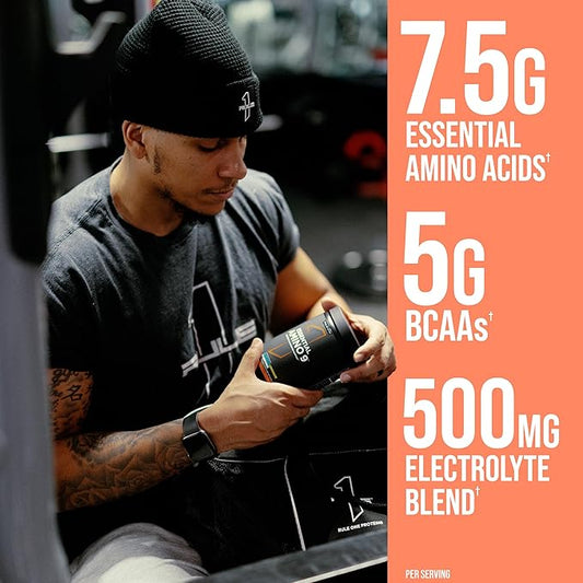 Rule 1 Essential Amino 9 – Recovery & Hydration Support with 7.5g of Essential Amino Acids + Electrolytes (30 Servings, Peach Mango)