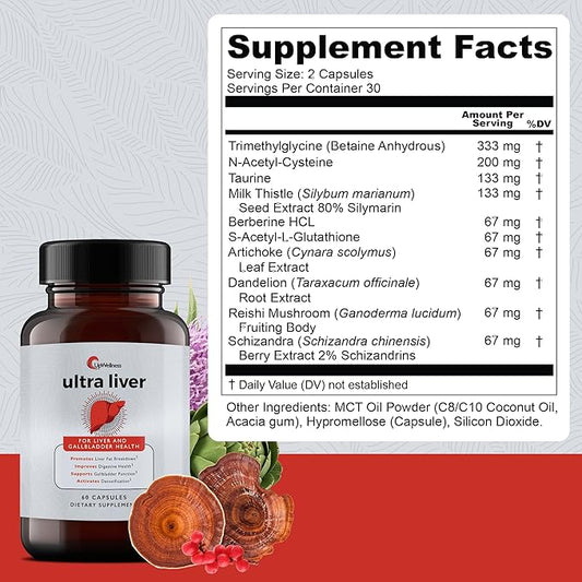 Ultra Liver Supplement for Liver Support and Gallbladder Support - Powered by TMG, NAC Milk Thistle, and More - Liver Cleanse Detox & Repair - 60 Capsules