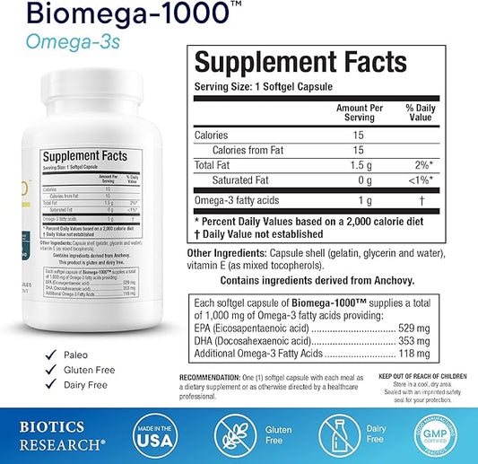 Biotics Research Biomega-1000™ Omega 3 Fish Oil with EPA/DHA -Omega-3 Fatty Acids 1000 mg- Highly Concentrated Fish Oil for Women & Men –Supports Immune, Brain & Heart Health–90 Softgels