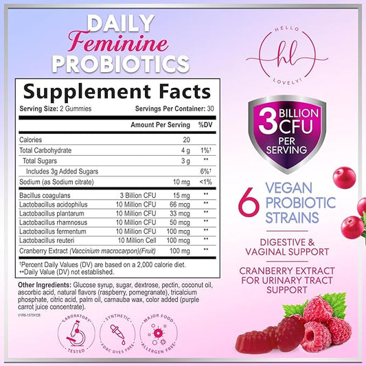 Probiotics for Women Gummies with Cranberry - 6 Premium Strains for PH Balance, Digestive Health, Vaginal & Immune Support, 3 Billion CFU, Women's Probiotic Gummy for Feminine Health - 60 Gummies