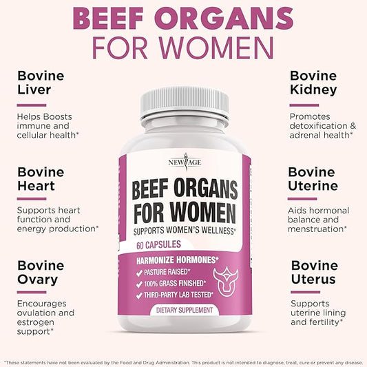 NEW AGE Beef Organ Supplement for Women - Beef Liver, Kidney, Heart and Uterus Tissue, Supports Women's Overall Energy and Health - Pasture Raised, Grass Fed - No Fillers - 180 Capsules
