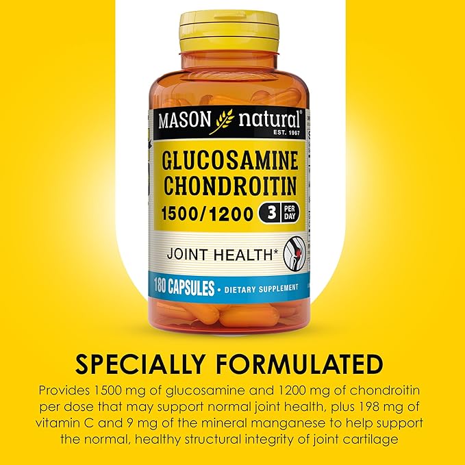 MASON NATURAL Glucosamine Chondroitin 1500/1200 3 Per Day with Vitamin C - Supports Joint Function for Normal Flexibility & Mobility*, 180 Capsules