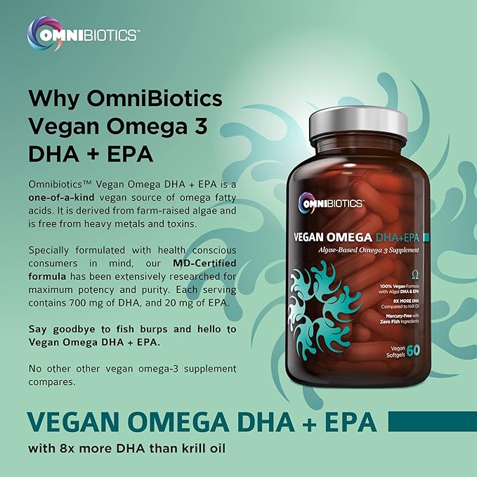 OmniBiotics Vegan Omega 3 DHA EPA Supplement – MD-Certified Prenatal Supplement with 8X More DHA Than Krill Oil, Fish-Free, Non-GMO – 60 Vegan Capsules