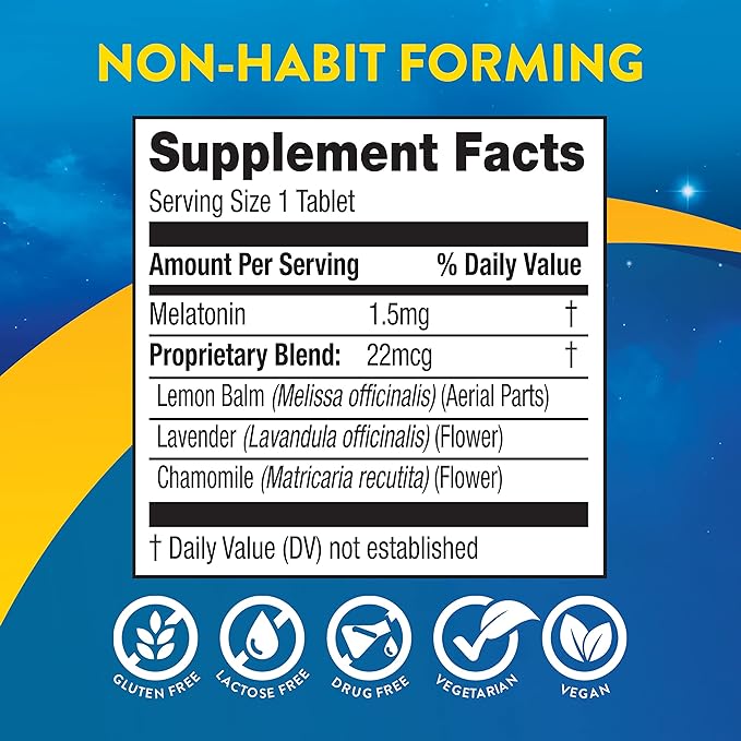 MidNite Back to Sleep Low Dose, 1.5 mg Melatonin Sleep Aid, Non-Habit Forming, Herbal Dietary Supplement for Adults, Drug-Free, Gluten-Free, Lactose-Free, Vegetarian, Vegan, 30 Quick Melt Tablets