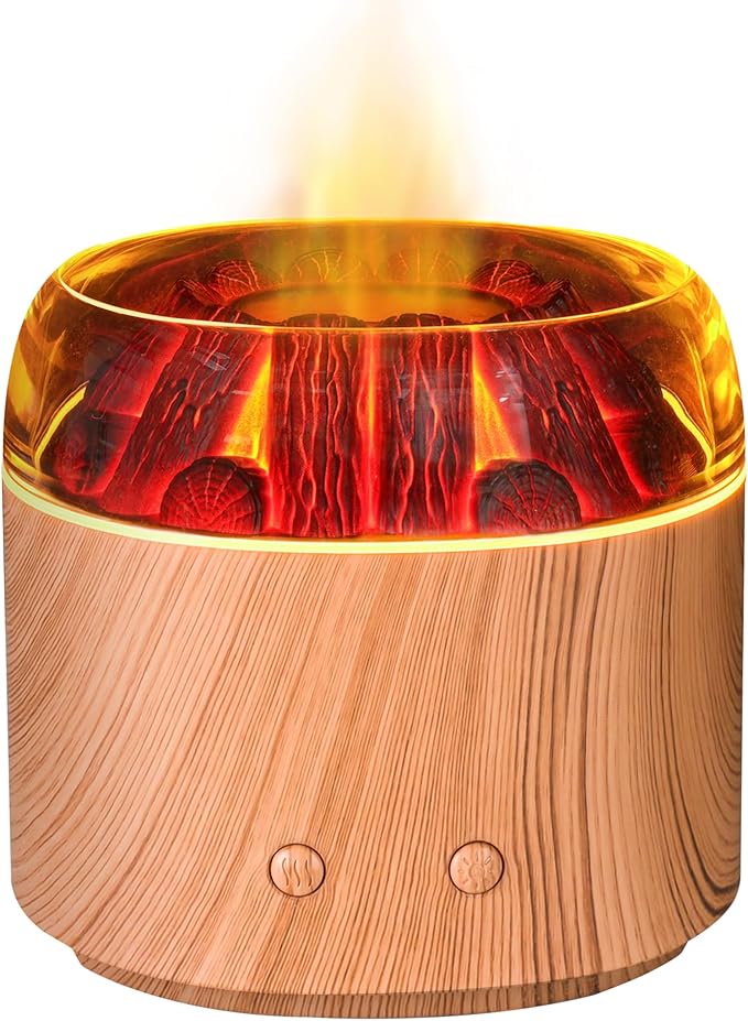Mini Bonfire Air Diffuser, Ultrasonic Cool Mist Aroma Scent Diffuser for Essential Oils, Fire Mist Humidifier with Warm LED Glow, 2 Brightness, Auto-Off, Night Light for Room Home Office – Light Wood