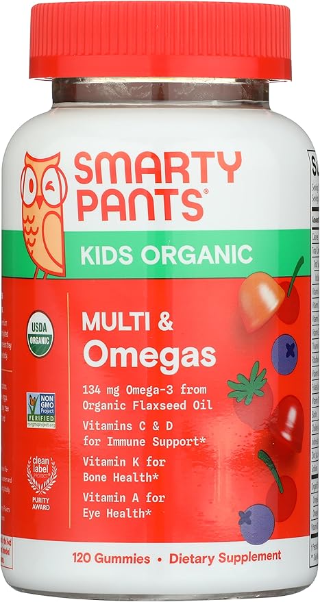 SmartyPants Organic Kids Multivitamin Gummies: Probiotics, Omega 3 (ALA), Vitamin D3, C, Vitamin B12, B6, A, K & Zinc for Immune Support, Biotin, Three Fruit Flavors, 120 Count (30 Day Supply)
