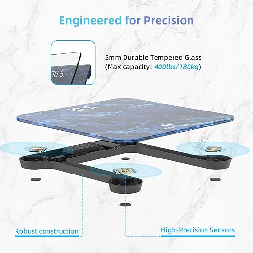 High Precision Digital Bathroom Scale with Step-On Technology LED Display Slim Design Max 180kg/400lb Marble Blue