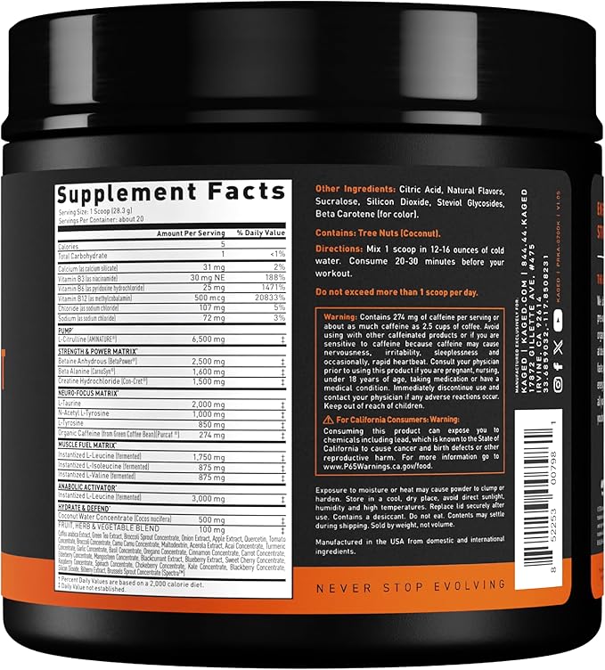 Kaged Original Pre Workout Powder | Orange Crush | Pre-Workout with Creatine, Beta Alanine, L-Citrulline, BCAAs | 274 mg Organic Caffeine | Pre Supplements for Men & Women | 20 Servings