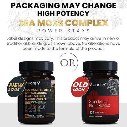 Sea Moss Capsule 30:1 High Strength 6000mg Equivalent Per Servings, Black Seed Oil Ashwagandha Ginger Capsules, Turmeric, Moringa, Bladderwrack, Burdock Root, Manuka Honey, Cinnamon 120 Count