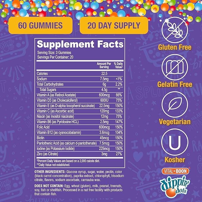 Dippin' Dots - Multivitamin Gummies for Adults - Gummy Vitamins with Vitamin A, B6, C, D3, E & Folic Acid - Vegetarian, Non-GMO, Gluten-Free (60 Count)