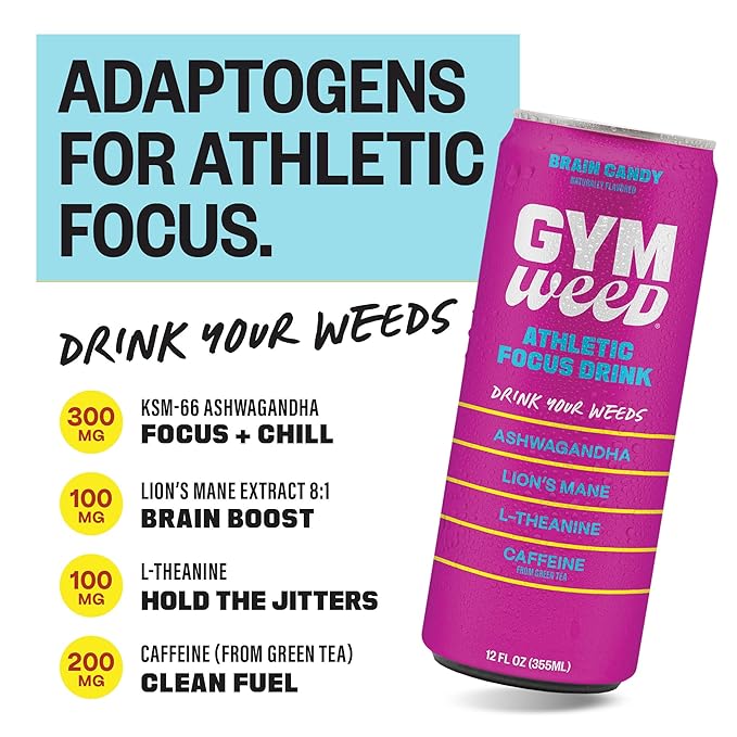 GYM WEED Athletic Focus Drink with KSM-66 Ashwagandha, Lion's Mane Mushroom, L-Theanine, 200mg Green Tea Caffeine with Natural Sweeteners Brain Candy Flavor, 12 Pack