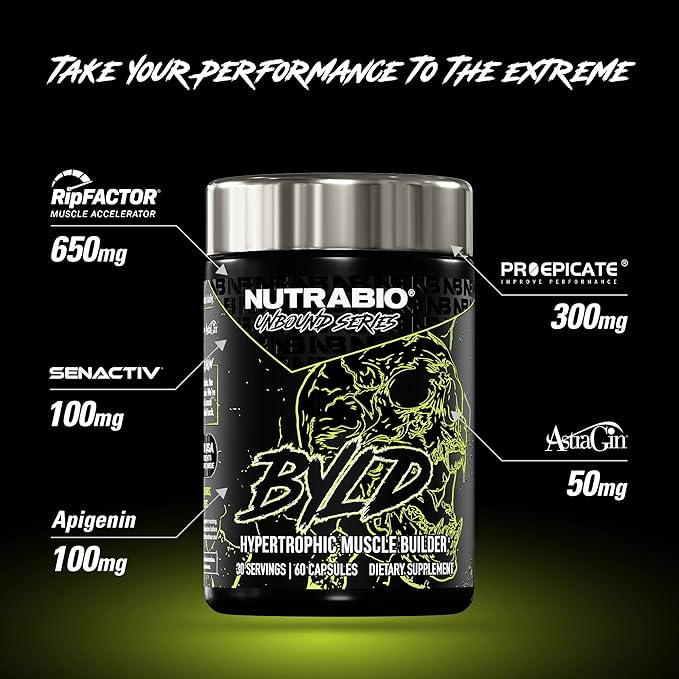 NutraBio Unbound BYLD - Natural Muscle Builder for Men, Support Muscle Growth, Recovery, and Strength - 30 Servings - 60 Capsules
