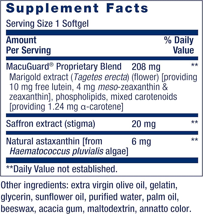 Life Extension MacuGuard Ocular Support with Saffron & Astaxanthin – Eye Health Supplement for Healthy Vision – with Lutein, zeaxanthin, Meso-zeaxanthin – Gluten-Free, Non-GMO – 60 softgels