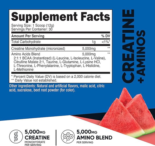 Nutricost Creatine + Aminos 30 Servings (Watermelon Flavored) - 5,000mg Creatine Monohydrate + 5000mg Amino BCAA Blend Per Serving