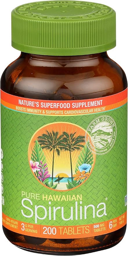 Nutrex Hawaii, Pure Hawaiian Spirulina 500 mg, Vegan, Supports Immune System, Heart, Cells and Energy, 200 Tablets
