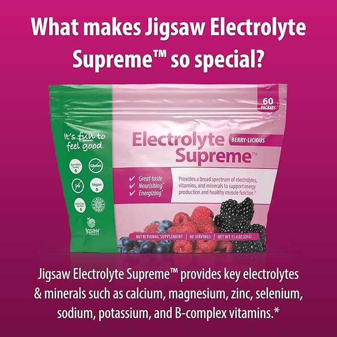 Jigsaw Health Electrolyte Supreme | Broad Spectrum of Electrolytes + Trace Minerals | Berry-Licious Flavor | 60 Servings (Packets)
