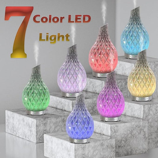 MAXWINER Essential Oil Diffuser Handmade Art Glass Aromatherapy Ultrasonic Humidifier with 7 Colors Lights Changing, Waterless Auto Shut-Off, Time Setting for Home, Office, Room 120ml (Diamond)