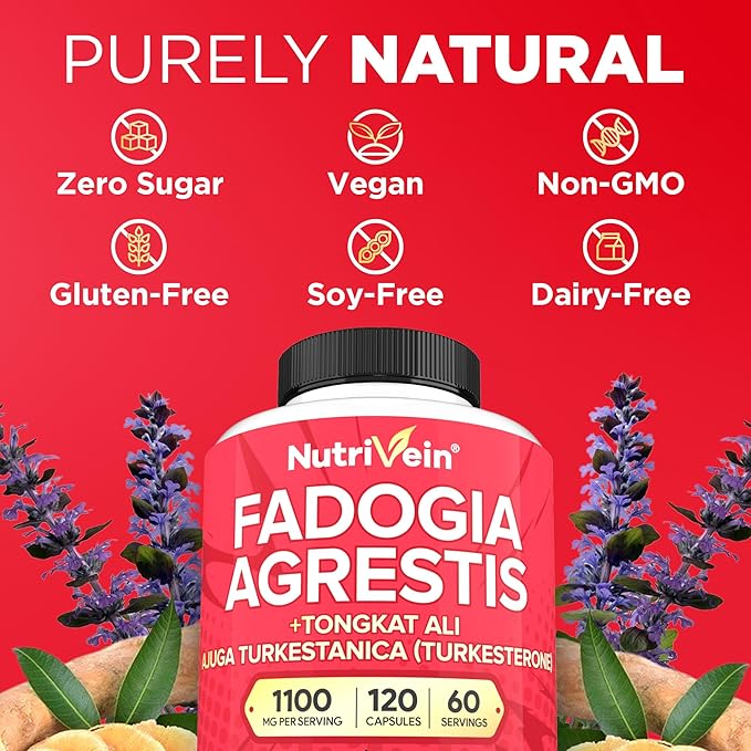 Nutrivein Premium Fadogia Agrestis and Tongkat Ali Supplement with Turkesterone - 1100 mg - 120 Capsules - Synergistic Blend for Performance, Strength, & Recovery