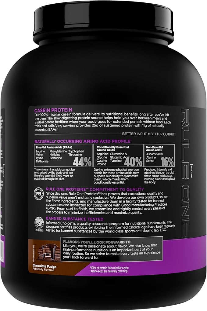 Rule 1 Casein Protein - 25g Protein and 11g EAAs Per Serving from Slow-Release Micellar Casein for Overnight Recovery and Sustained Delivery Between Meals (4 Pounds*, Chocolate Fudge)