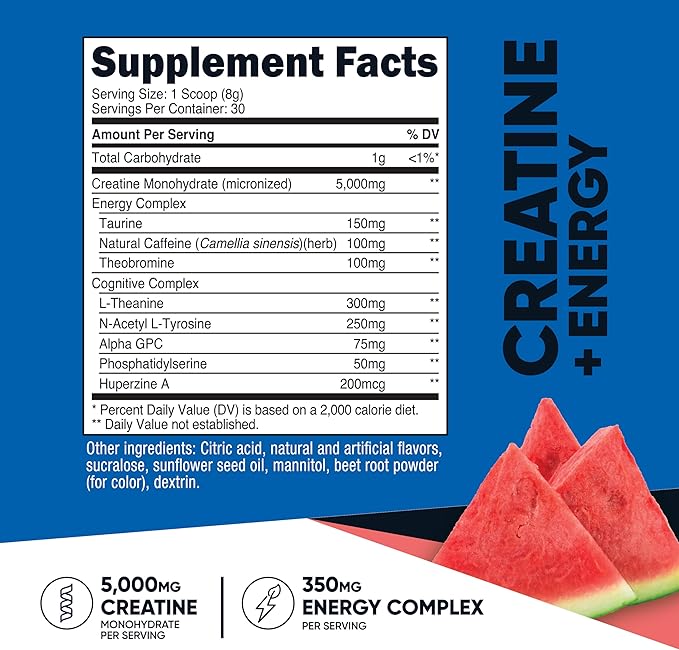 Nutricost Creatine + Energy 30 Servings (Watermelon Flavored) - 5,000mg Creatine Monohydrate + 350mg Energy Complex Per Serving
