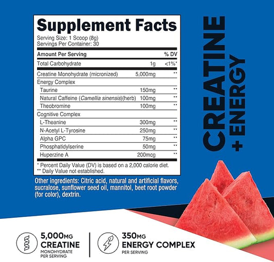 Nutricost Creatine + Energy 30 Servings (Watermelon Flavored) - 5,000mg Creatine Monohydrate + 350mg Energy Complex Per Serving