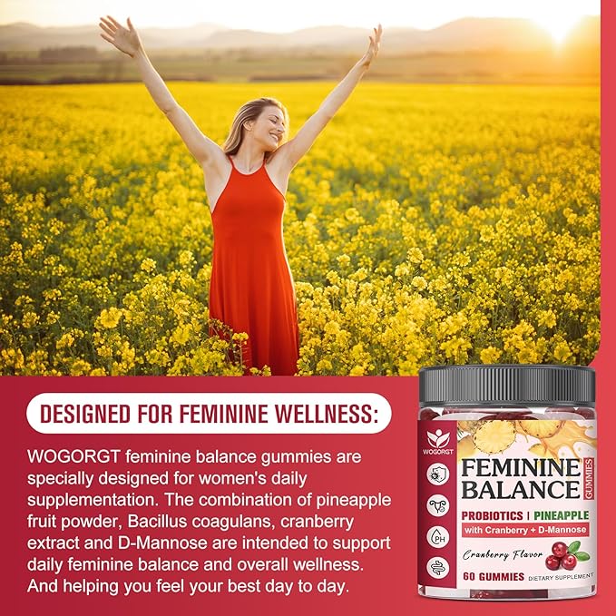 Premium Feminine Balance Gummies for Women - Pineapple Probiotics Gummies with Cranberry Extract and D-Mannose, pH Balance Support, Freshness, Sugar Free, Vegan, Cranberry Flavor - 60 Gummies