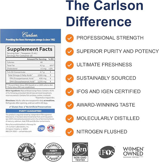 Carlson - Elite DHA, 2270 mg DHA, Professional Strength, Norwegian Fish Oil Concentrate, Cognitive Function & Vision Support, Orange, 100 mL