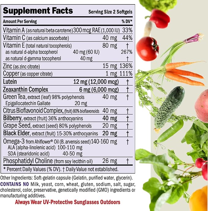ANDREW LESSMAN Ultimate Eye Support 60 Softgels - 12mg Lutein, 6mg Zeaxanthin, Bilberry, Key Nutrients to Support Eye Health and Promote Healthy Vision. No Additives. Easy to Swallow Softgels