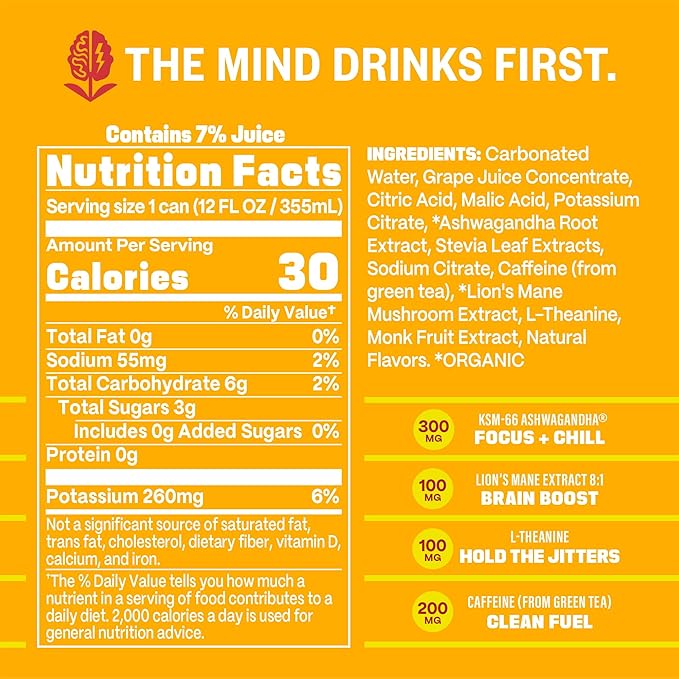 GYM WEED Athletic Focus Drink with KSM-66 Ashwagandha, Lion's Mane Mushroom, L-Theanine, 200mg Green Tea Caffeine with Natural Sweeteners Orange Guava Flavor, 12 Pack