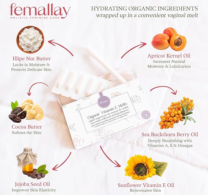 Femallay Organic Vaginal Moisturizing Suppository Melts - 100% Natural Suppositories for Vaginal Odor and Dryness Relief, Ultra-Hydrating Fast-Acting Comfort (Unscented- 2 Pack)