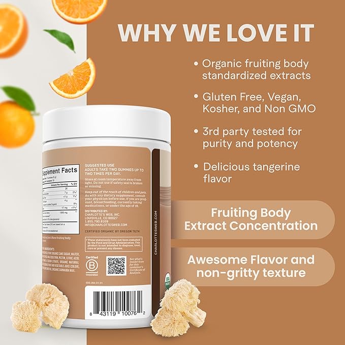Charlotte's Web Focus Support Mushroom Gummies for Focus and Energy w/Lion’s Mane, Natural Cognitive Support Lions Mane Gummies for Adults — Tangerine Flavor (30 Servings)