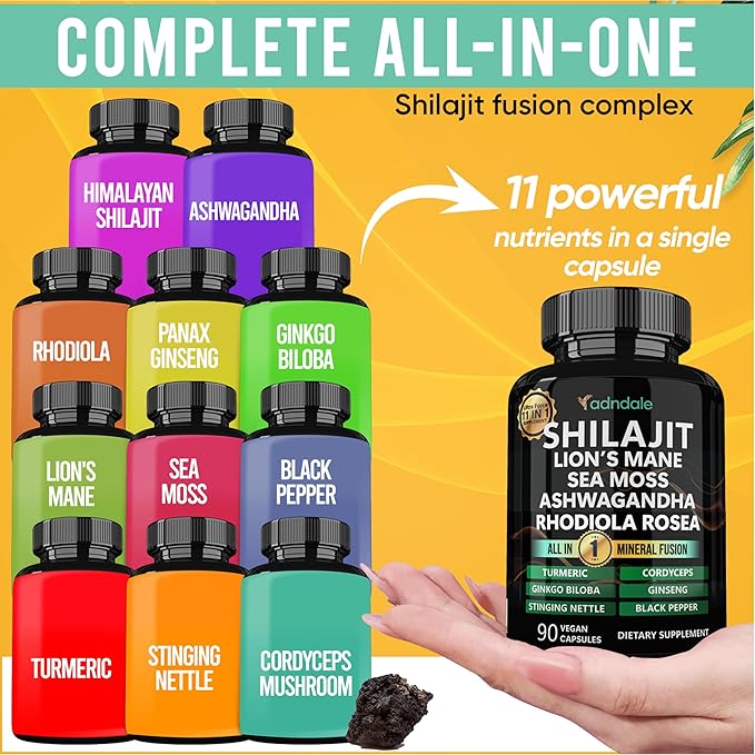 Adndale Shilajit Ultra Force 11-in-1. Pure Himalayan Organic Shilajit for Men and Women Capsules with Sea Moss Ashwagandha Rhodiola Rosea Lion’s Mane. 90 Count