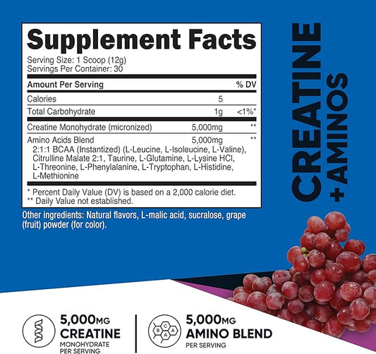 Nutricost Creatine + Aminos 30 Servings (Grape Flavored) - 5,000mg Creatine Monohydrate + 5000mg Amino BCAA Blend Per Serving
