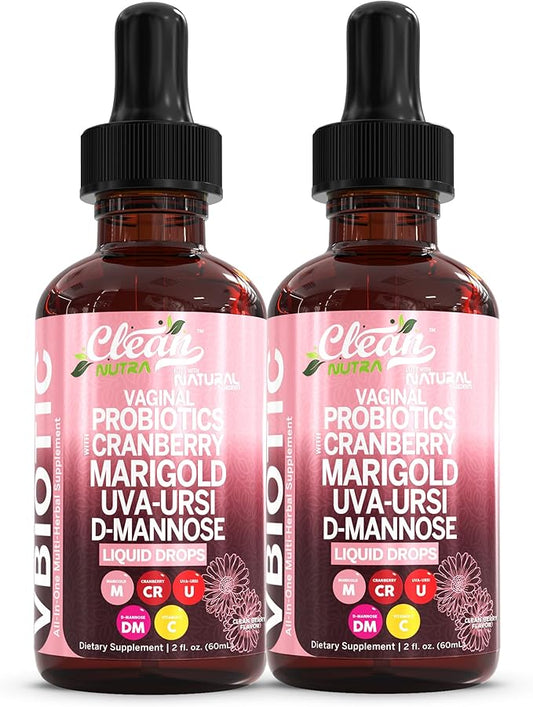 VBiotic Vaginal Probiotic for Women Liquid Drops | Womens Probiotics | Cranberry Uva Ursi Horsetail D-Mannose Prebiotics Marigold & Black Cohosh Vaginal Health Supplement | pH Balance | By Clean Nutra